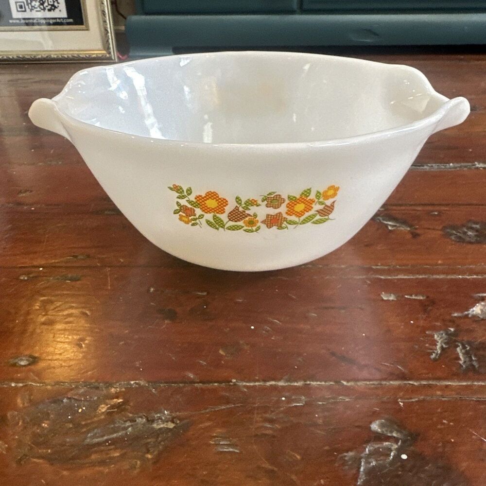 Vintage Anchor Hocking Fire King Gingham Floral Mixing Bowl 10"x11.5" Milk Glass